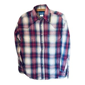 Vinatge Wrangler Brushpopper Plaid Shirt Mens M Pearl‎ Snap Cowboy Western Rodeo